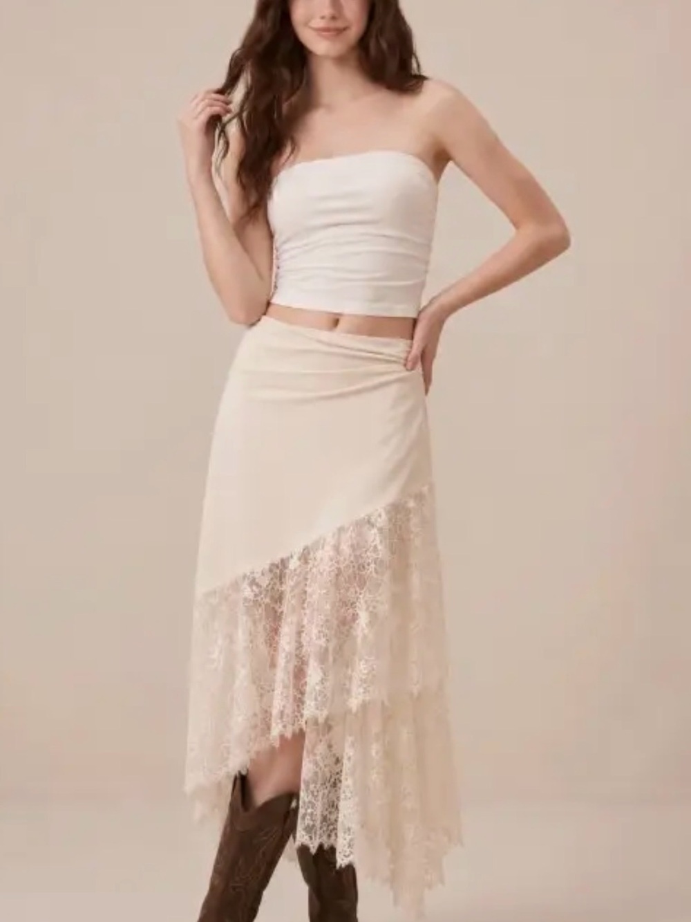 Asymmetrical Lace Trim Cream Maxi Skirt S-L